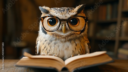 Wallpaper Mural An owl with glasses sits on an open book in a rustic library Torontodigital.ca