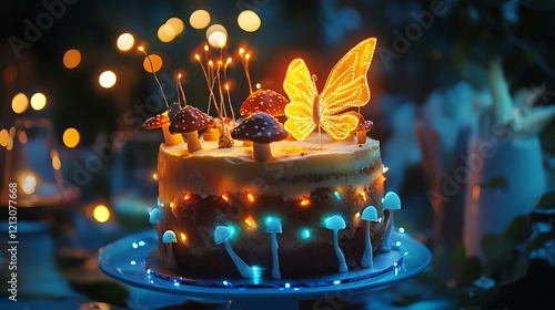 A fairy-themed birthday cake with tiny edible wings, mushrooms, and a glowing effect under fairy lights.