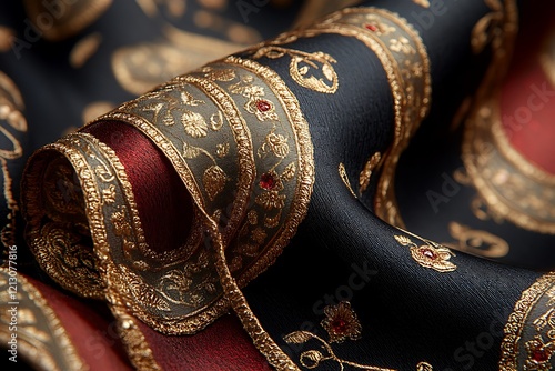 Luxurious Black Fabric with Gold And Red Embellishments photo