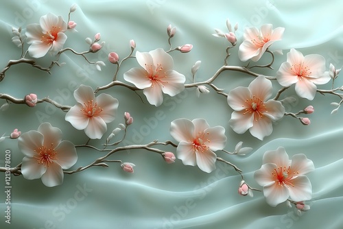 Delicate Peach Blossoms Branching Gracefully Across Soft Teal Fabric