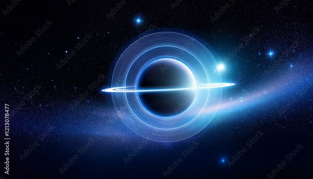 Obraz premium 깊은 우주 속에서 빛나는 고리 형태의 행성, 행성 주위에 떠다니는 작은 별들이 강조된 장면