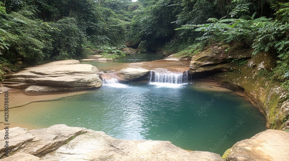 Fototapeta premium Serene Waterfall Pool in Lush Green Forest
