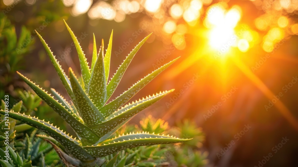 Aloe vera plant at sunset in a desert garden. Aloe vera plant at sunset in a desert garden.
