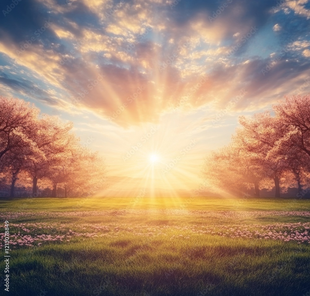 Captivating macro of soft-focus pink cherry blossoms with a light blue sky background under sunlight, featuring room for copy. This beautiful snapshot evokes spring nature