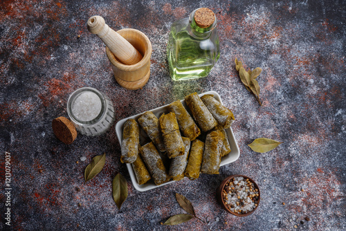 Delicious dolma (sarma) stuffed grape leaves rice. photo