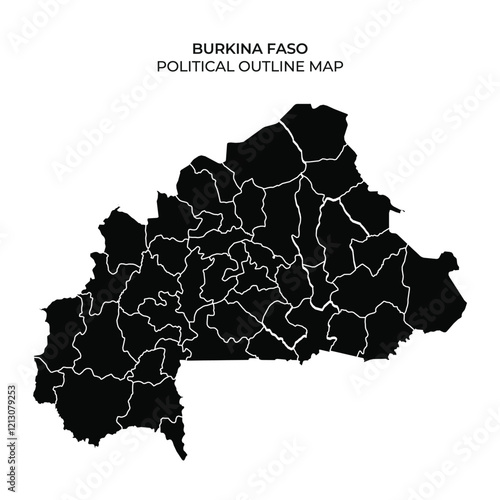 Detailed political outline map of Burkina Faso, showcasing the countrys administrative divisions in black and white. Ideal for educational and reference purposes.