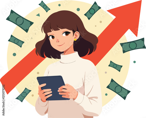 Confident Woman Holding Tablet with Financial Growth Symbolism