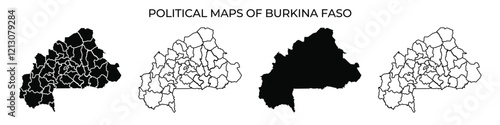 Different political maps illustrate the regions of Burkina Faso, showcasing boundaries and territories in various formats.