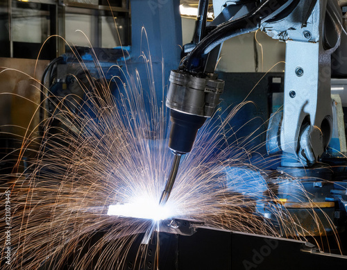 Robotic welding process creating sparks in an industrial workshop setting with precision and efficiency photo