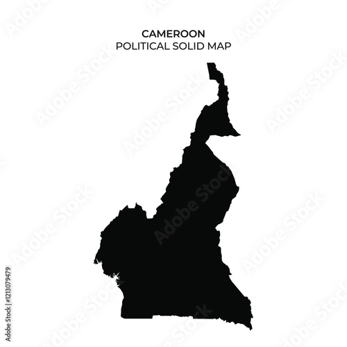 This solid black map of Cameroon outlines its political boundaries, highlighting geographical features and the overall shape of the country. Ideal for educational use.