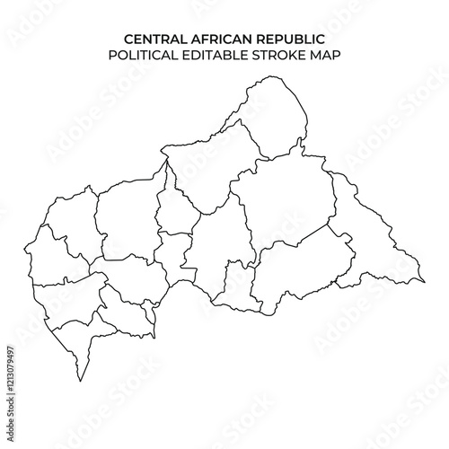 This map highlights the political regions of the Central African Republic. It is designed for editing purposes and features outlined borders for each region.