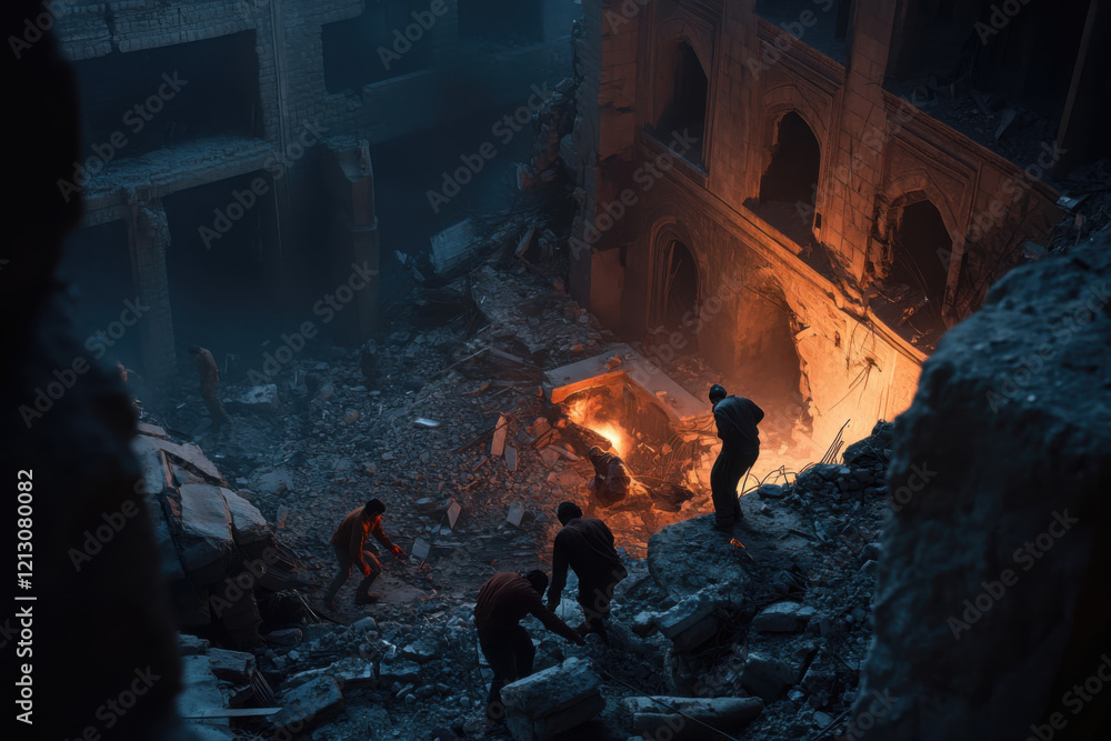 Obraz premium Devastated urban landscape at night with rescuers navigating through rubble and firelight