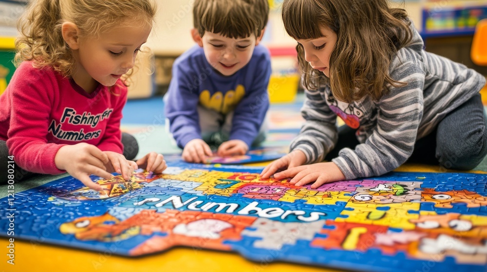 Cute little children playing with math game Fishing for Numbers on puzzle mat in kindergarten Cute little children playing with math game Fishing for Numbers on puzzle mat in kindergarten