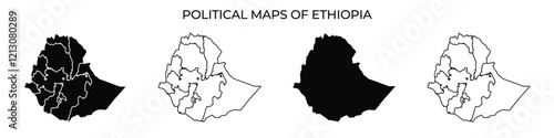 Four distinct maps showcase the political regions of Ethiopia, highlighting boundaries and changes over time. Each map presents a different representation of the countrys political landscape.