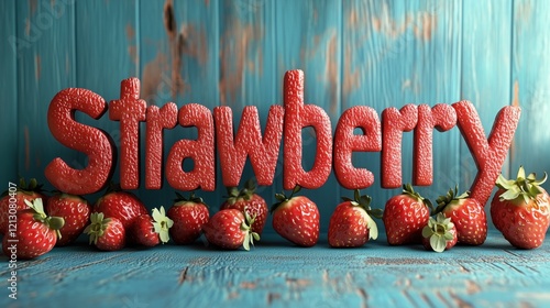 3d strawberry inscription from fresh strawberry slices on a teal background.	 photo