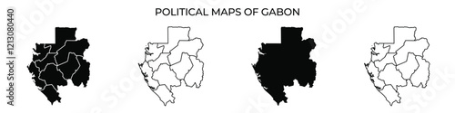 Detailed political maps illustrate the different regions of Gabon. These representations emphasize geographical boundaries and administrative divisions clearly.
