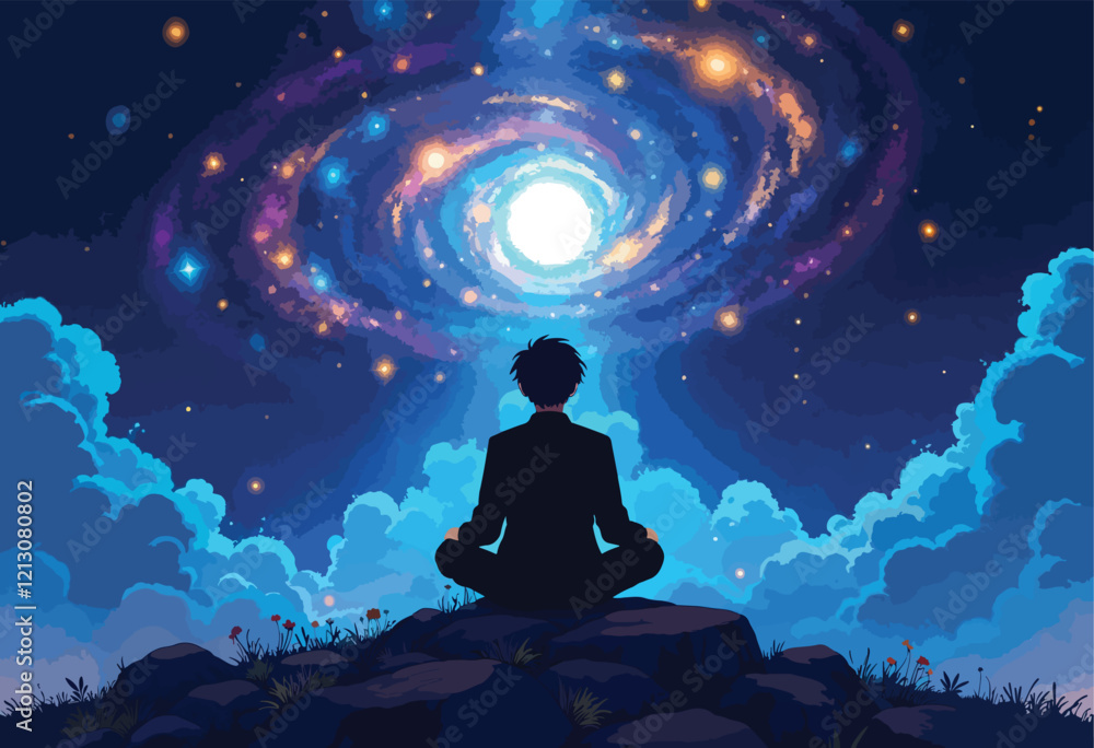 A silhouette of a young male with dark hair, sitting cross-legged on a rock, gazing up at a vibrant galaxy filled with swirling stars A silhouette of a young male with dark hair, sitting cross-legged on a rock, gazing up at a vibrant galaxy filled with swirling stars