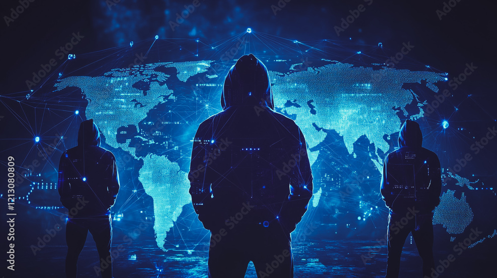Obraz premium Hacker are planning to hack and attack networks and cyber security systems.team people innovation connection of line from nail node to node on map background , networking concept