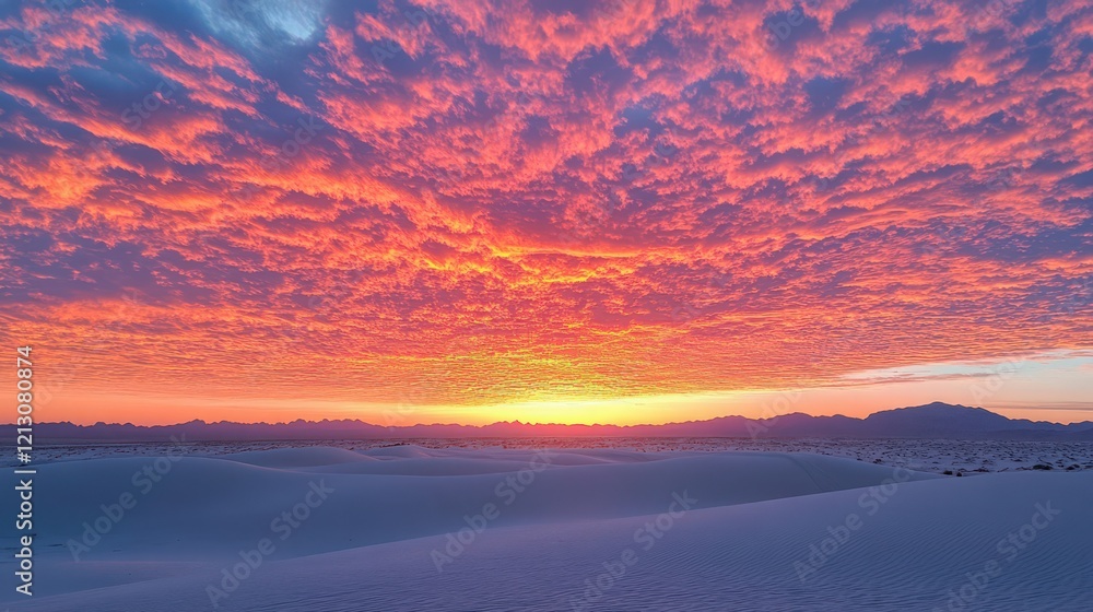 Vivid sunset with orange clouds and white sand dunes creating a tranquil scene Vivid sunset with orange clouds and white sand dunes creating a tranquil scene