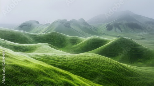 Serene Icelandic Landscape: Verdant Hills Under a Misty Sky photo