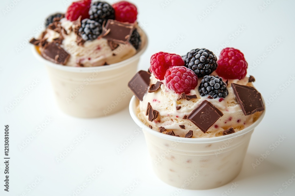 Two cups of ice cream with chocolate chips and raspberries Two cups of ice cream with chocolate chips and raspberries