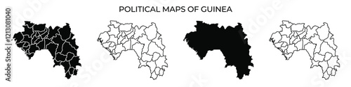 This collection displays political maps of Guinea featuring various regions in distinct styles. The maps illustrate administrative boundaries, enhancing geographical understanding.