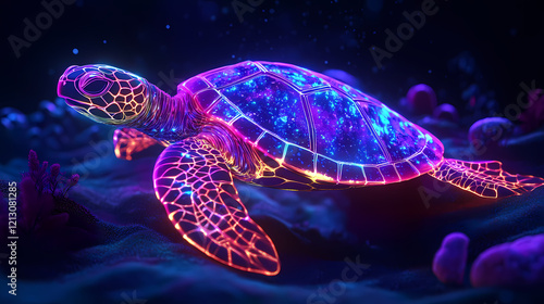 Glowing neon turtle. Radiant Reef. Illustration
