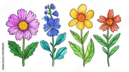 Cute floral simple doodle botanical art. Flowers, leaves, greenery kid style drawings. Crayon pencil vector. Spring, summer childish blosooms.