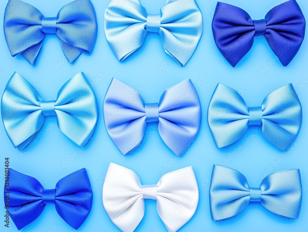A row of blue and white bow ties are displayed on a blue background A row of blue and white bow ties are displayed on a blue background