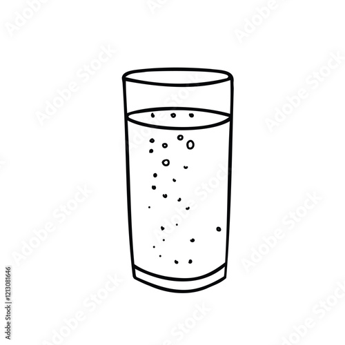 Tall Glass with Water with Bubbles or a Fizzy Drink. A Black and white outline drawing. Minimalist style illustration in Doodle Style isolated on a background. Ideal for beverage branding, restaurant