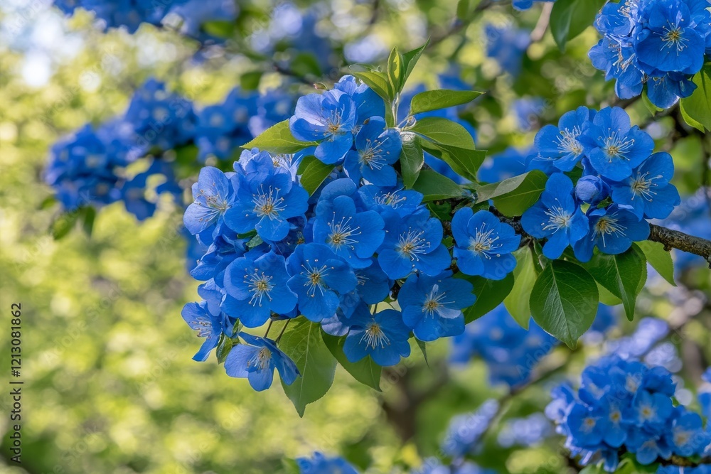 In early spring, a branch of the pink blossoming 'Prunus Dulcis', subspecies 'Perle der Weinstrasse' from Germany, blooms against a blue backdrop In early spring, a branch of the pink blossoming 'Prunus Dulcis', subspecies 'Perle der Weinstrasse' from Germany, blooms against a blue backdrop