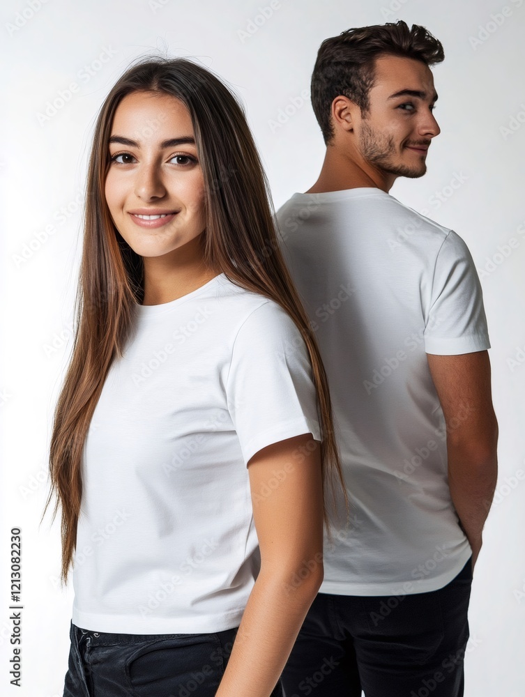 Young couple wearing white t shirts and black jeans posing back to back Young couple wearing white t shirts and black jeans posing back to back