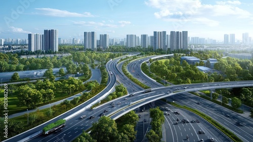 Modern Cityscape: An Aerial View of Green Urban Expressway