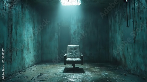 a dimly lit concrete interrogation chamber single overhead light casting harsh shadows on a metal chair brutalist architecture cold and foreboding atmosphere photo