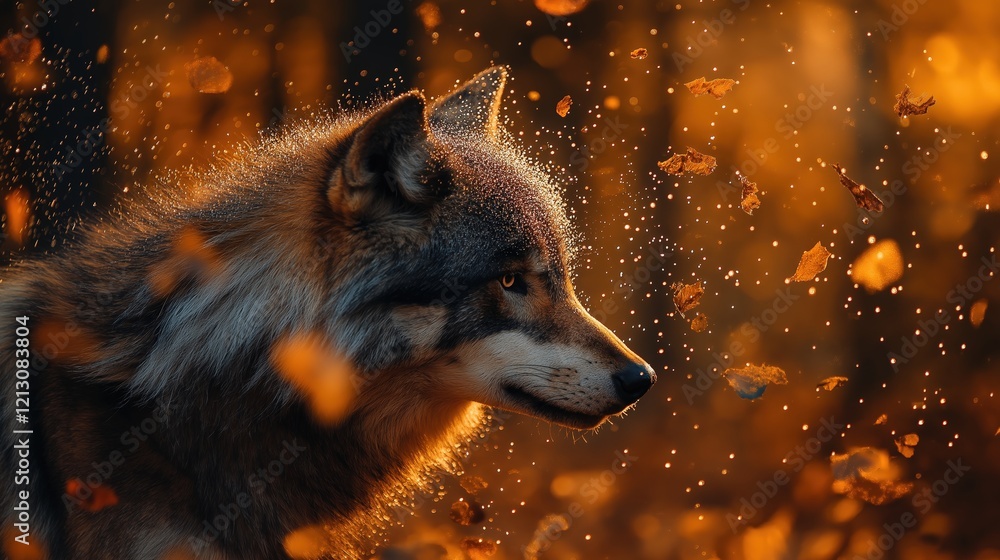 Fototapeta premium A dynamic wildlife photograph of a wolf , droplets of dew flying through the air, with focus on the wolf and blurred motion in the background, photorealistic.