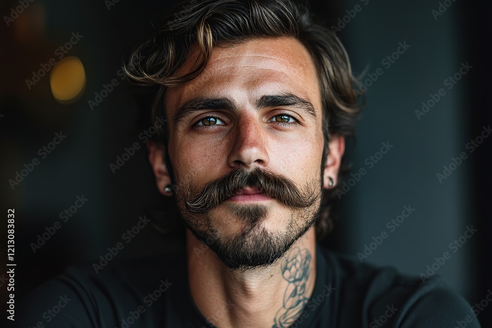 Fototapeta premium Groomed hipster with long mustache after visiting the barbershop