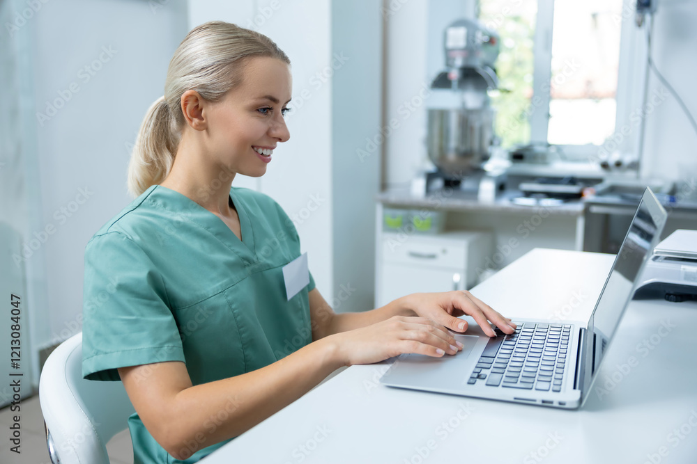 Medical woman wearing coat working as scientist in office using laptop for online research Medical woman wearing coat working as scientist in office using laptop for online research