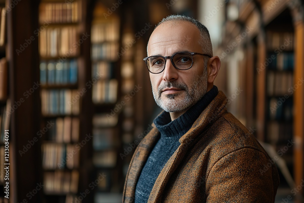 Fototapeta premium Portrait of mature university teacher standing in big library