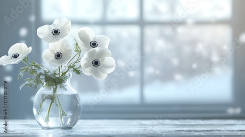 A minimalist arrangement of white anemones in a clear vase on a frosted wooden table near a snowy window.