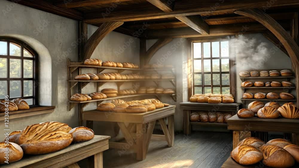 A rustic bakery showcases a variety of fresh bread loaves on wooden shelves during the tranquil early morning in the countryside A rustic bakery showcases a variety of fresh bread loaves on wooden shelves during the tranquil early morning in the countryside