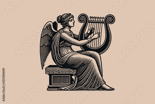 Antique woman playing the lyre, black vintage vector engraving illustration