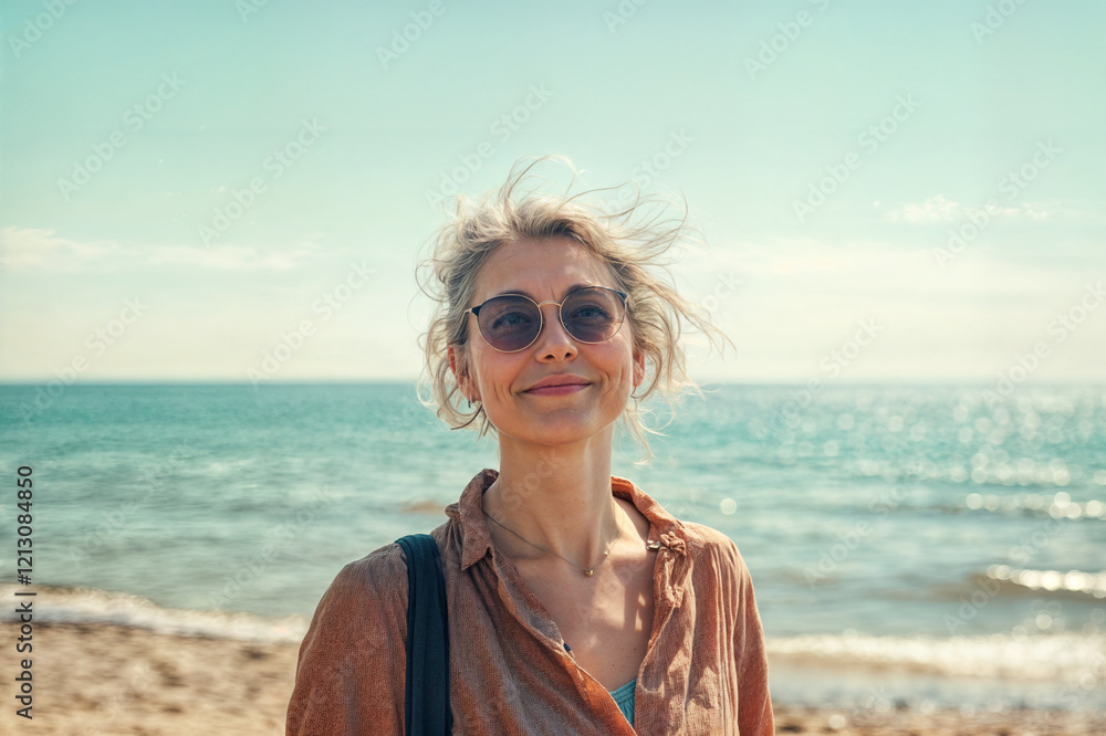 The image shows a person standing on a beach with a calm sea in the background The image shows a person standing on a beach with a calm sea in the background