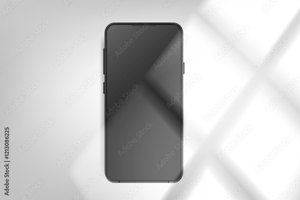 Modern smartphone with black screen on bright background with window light. 3d vector mockup