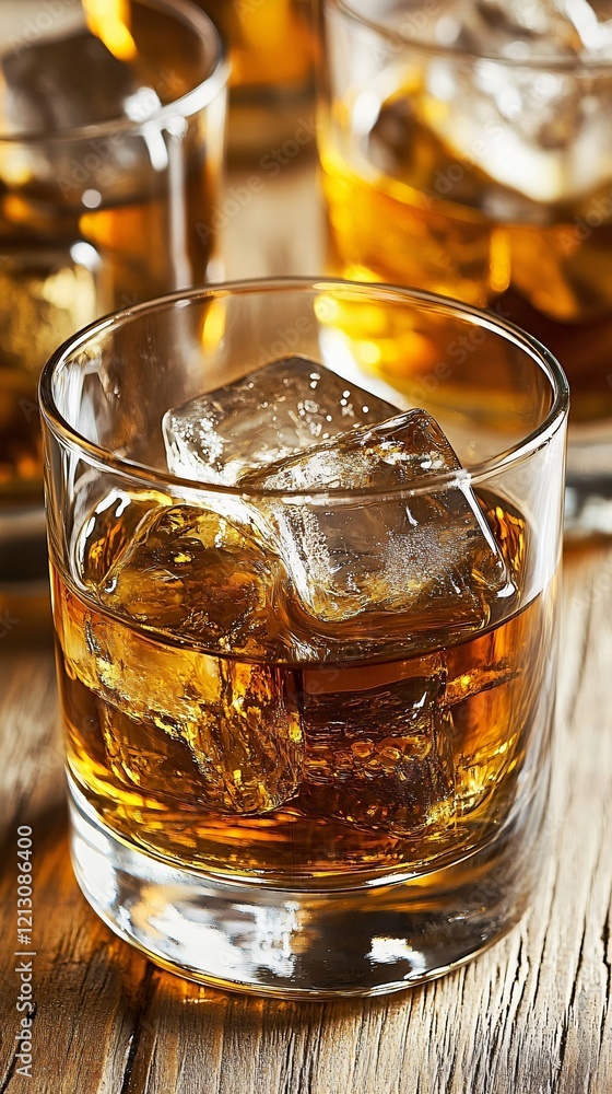 Golden Whiskey with Ice Cubes in Rocks Glass Golden Whiskey with Ice Cubes in Rocks Glass