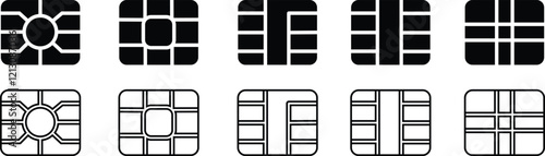 Sim EMV chip icon in flat line Set vector for apps or website terminals Square computer microchips cards Contactless payment at terminals and ATM credit debit cards isolated on transparent background