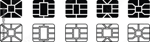 Sim EMV chip icon in flat line Set vector for apps or website terminals Square computer microchips cards Contactless payment at terminals and ATM credit debit cards isolated on transparent background