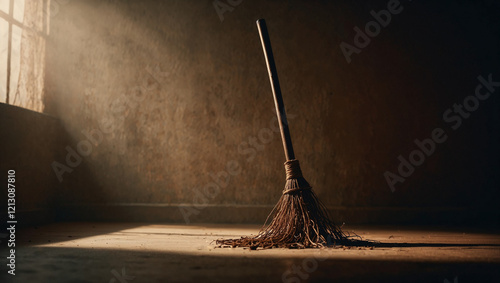 Witch broomstick casting shadow on two colors dark background. Minimal abstract Halloween and horror concept.	
