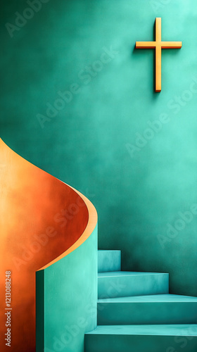 Vibrant teal warm orange minimalist curved pattern spiral staircase 3d, cobalt blue leading upward to gold Christian cross, social media Easter background design for evangelical church ministry