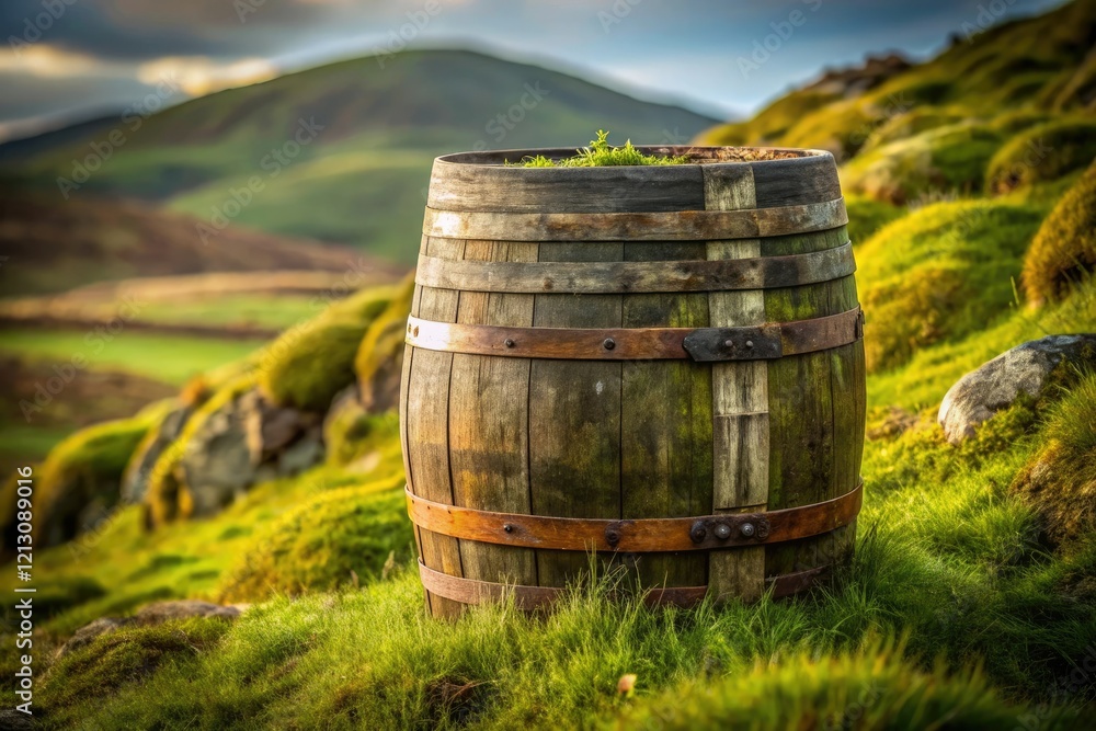 Aged oak whiskey barrel with patina and moss growing on its surface sitting on a grassy hillside, whiskey barrel, outdoor scene, hillside, aged oak, rustic decor Aged oak whiskey barrel with patina and moss growing on its surface sitting on a grassy hillside, whiskey barrel, outdoor scene, hillside, aged oak, rustic decor