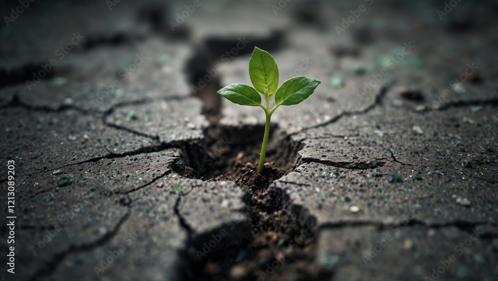 Hope in despair. Tiny green sprout emerging from a cracked, barren gray surface, symbolizing resilience and hope in adversity. Copy space. Hope in despair. Tiny green sprout emerging from a cracked, barren gray surface, symbolizing resilience and hope in adversity. Copy space.